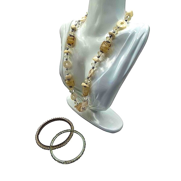 Vintage Shell Necklace & Crystal Bangle Set - Boho Chic Jewelry for Women N52 - Picture 3 of 7
